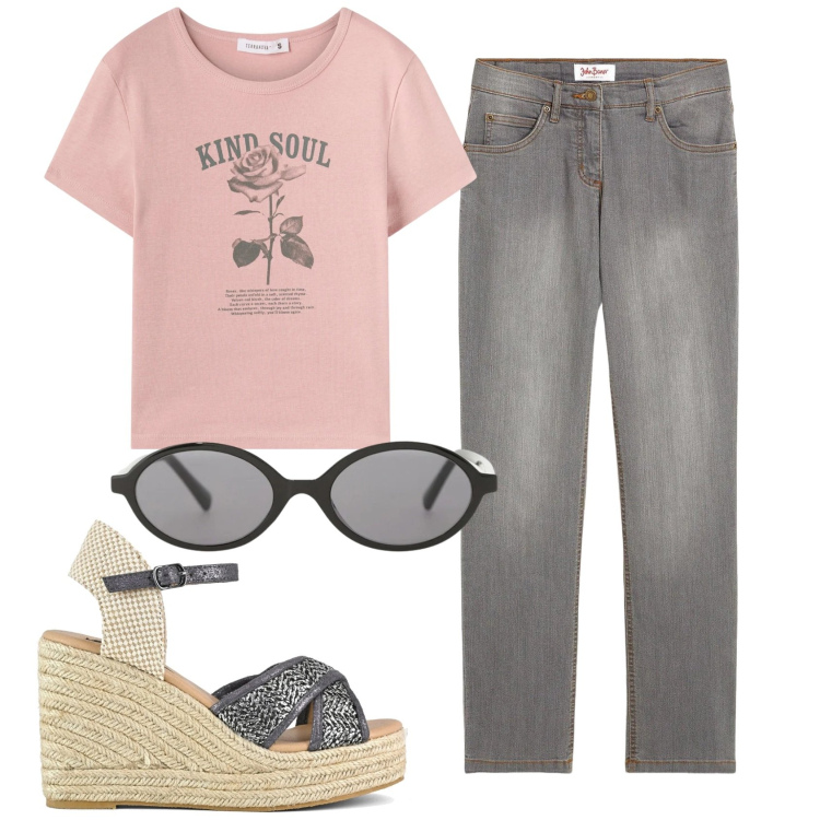 Outfit donna - Total look #2400498. Stile Casual per Tutti i giorni. Abbinamento con jeans dritti, t-shirt, occhiali da sole, zeppe.