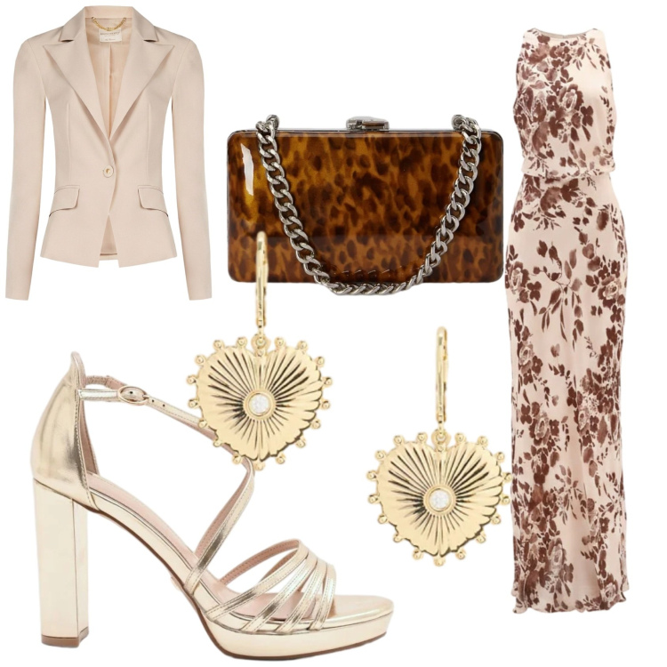 Outfit donna - Cerimonia in oro e bronzo. Stile Glamour per Cerimonia. Abbinamento con sandali col tacco, vestiti lunghi, blazer, orecchini, clutch.