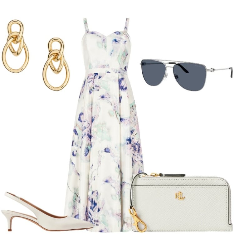 Outfit donna - Total look #2400505. Stile Glamour per Cerimonia. Abbinamento con vestiti midi/longuette, décolleté, orecchini, portafogli, occhiali da sole.