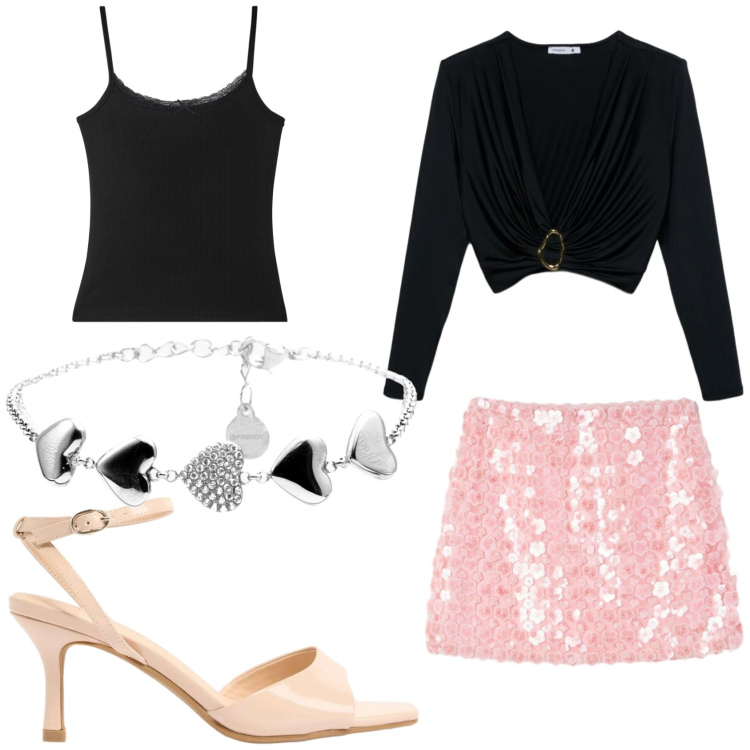 Outfit donna - Luccicante. Stile Trendy per Serata fuori. Abbinamento con sandali col tacco, magliette intime, minigonne, t-shirt, braccialetti.