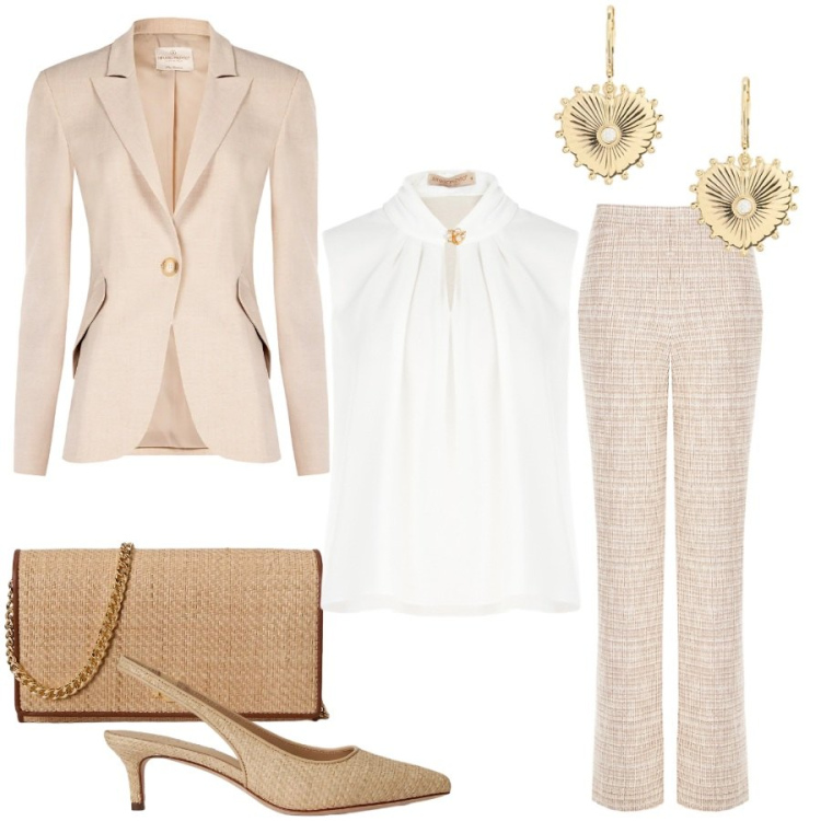 Outfit donna - Total look #2400508. Stile Glamour per Cerimonia. Abbinamento con pantaloni a palazzo, top, blazer, orecchini, borse a tracolla, décolleté.