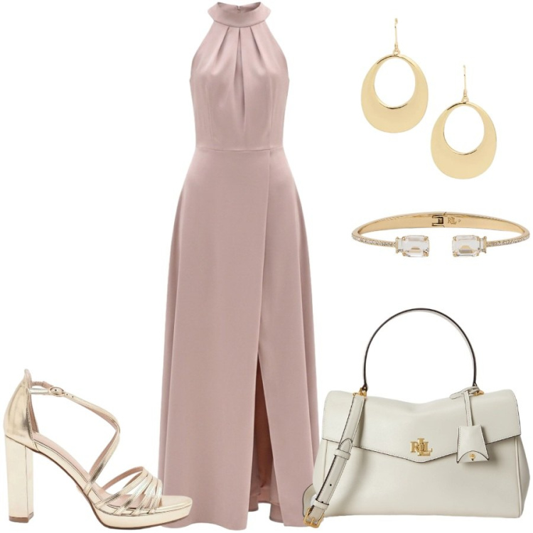 Outfit donna - Total look #2400512. Stile Glamour per Cerimonia. Abbinamento con sandali col tacco, vestiti lunghi, braccialetti, orecchini, borse a mano.