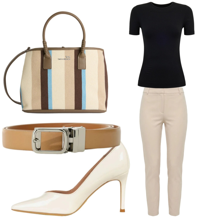 Outfit donna - Pantaloni skinny e tacchi. Stile Chic per Ufficio. Abbinamento con shopping bag, cinture, pantaloni skinny, décolleté, t-shirt.