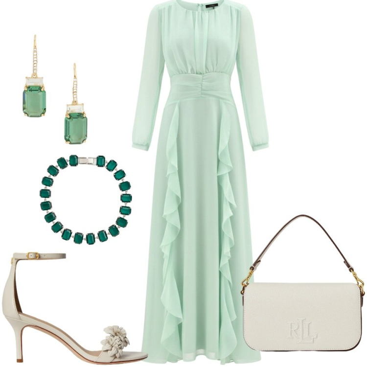 Outfit donna - Total look #2400514. Stile Glamour per Cerimonia. Abbinamento con vestiti lunghi, braccialetti, borse a spalla, sandali in pelle, orecchini.