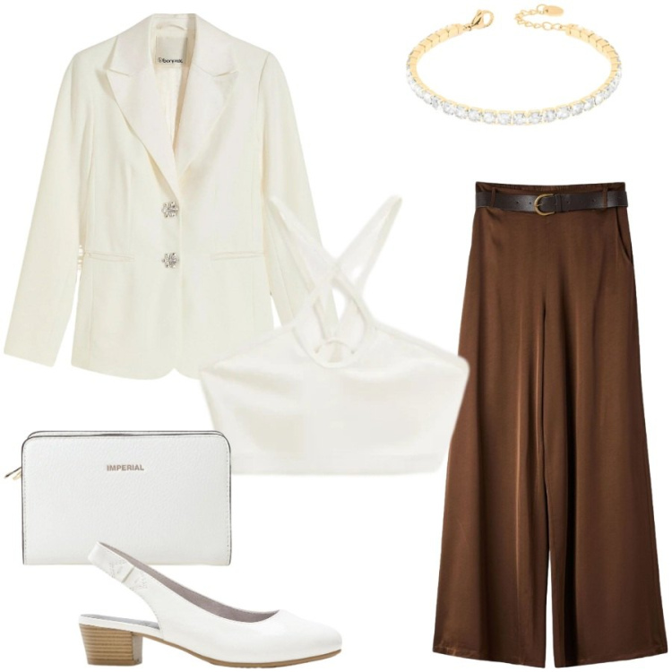 Outfit donna - Total look #2400517. Stile Casual chic per Tutti i giorni. Abbinamento con blazer, décolleté, pantaloni, top, borse a tracolla, braccialetti.
