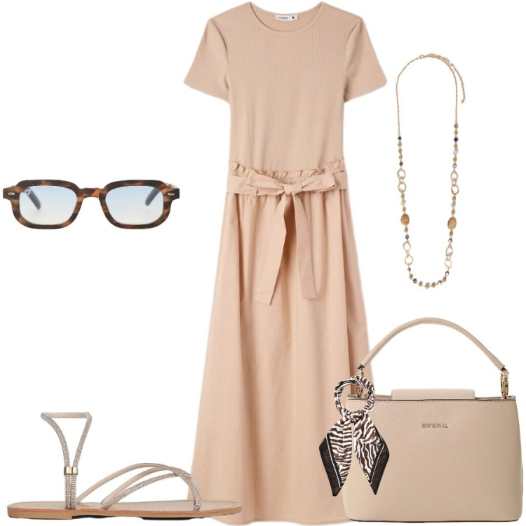 Outfit donna - Total look #2400518. Stile Casual chic per Ufficio. Abbinamento con vestiti lunghi, sandali, foulard, occhiali da sole, borse a secchiello, collane.