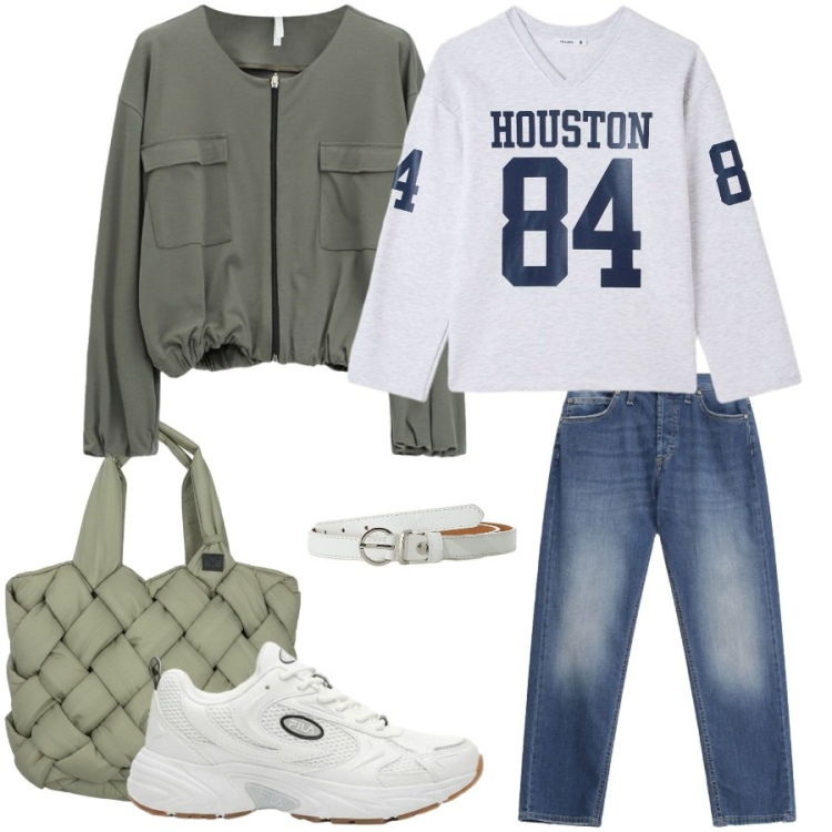 Outfit donna - Total look #2400520. Stile Casual chic per Tutti i giorni. Abbinamento con sneakers, t-shirt, jeans dritti, bomber, cinture, borse tote.