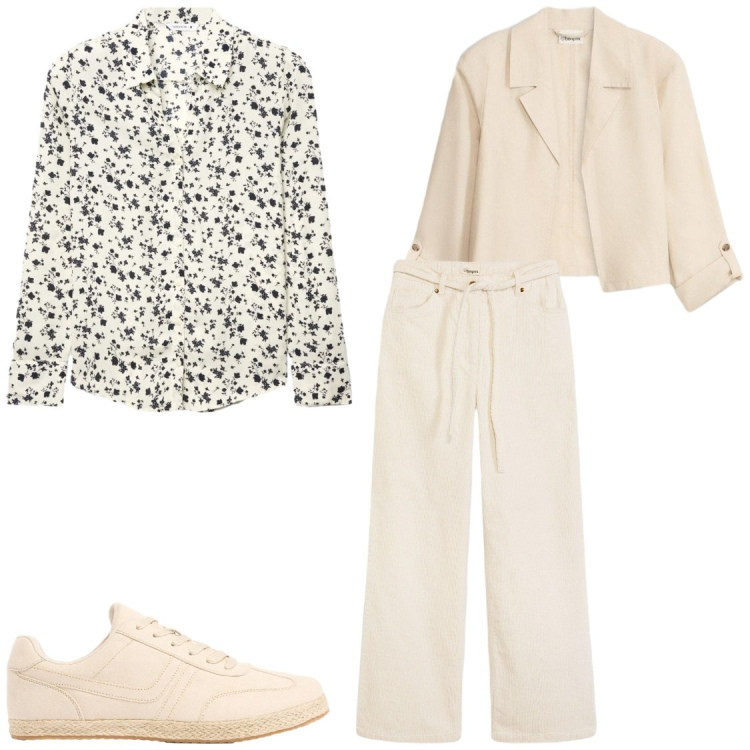 Outfit donna - Dolce e profumata primavera. Stile Casual chic per Ufficio. Abbinamento con pantaloni, blazer, sneakers, camicie.