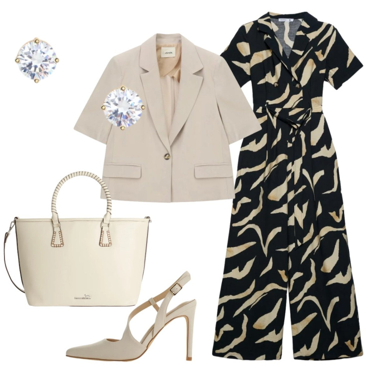 Outfit donna - Cerimonia con la tuta Terranova. Stile Chic per Cerimonia. Abbinamento con tute, décolleté, shopping bag, blazer, orecchini.