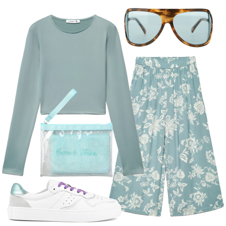Outfit donna - Total look #2400523. Stile Romantica per Tutti i giorni. Abbinamento con t-shirt, pochette, pantaloni a palazzo, occhiali da sole, sneakers.