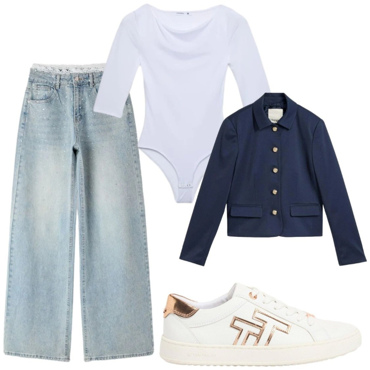 Outfit donna - Jeans con merletto in vita. Stile Casual chic per Tutti i giorni. Abbinamento con blazer, sneakers, t-shirt, jeans.