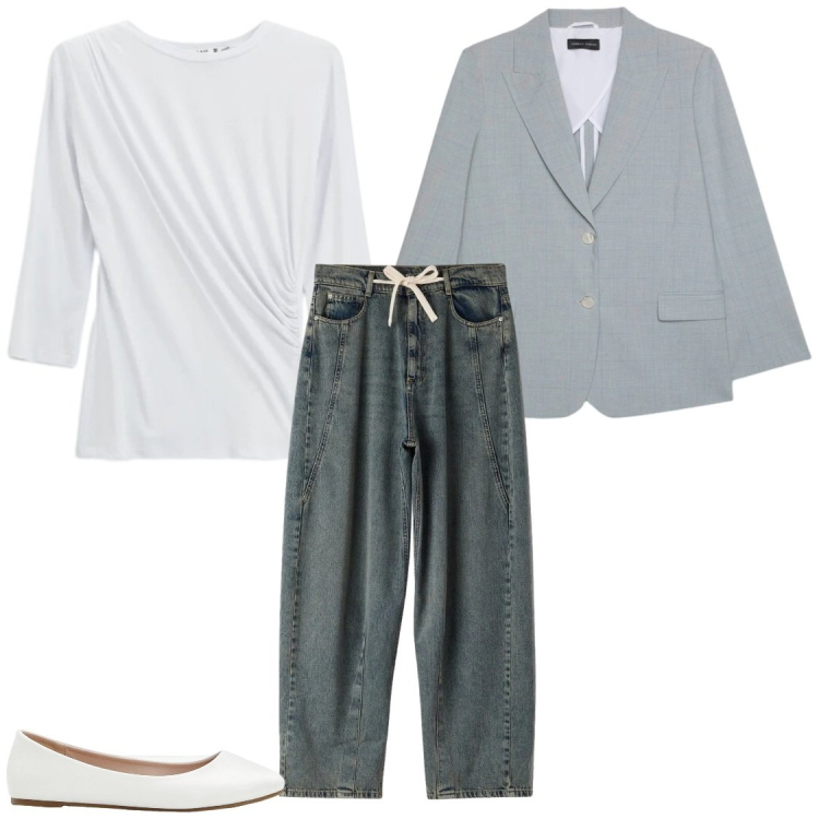 Outfit donna - Jeans&giacca#comoda a lavoro. Stile Casual chic per Ufficio. Abbinamento con ballerine, jeans, top, blazer.