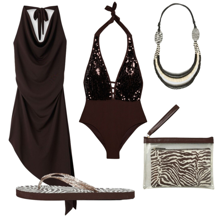Outfit donna - Chic beach. Stile Etnico per Mare. Abbinamento con pochette, costumi interi, vestiti asimmetrici, infradito, collane.