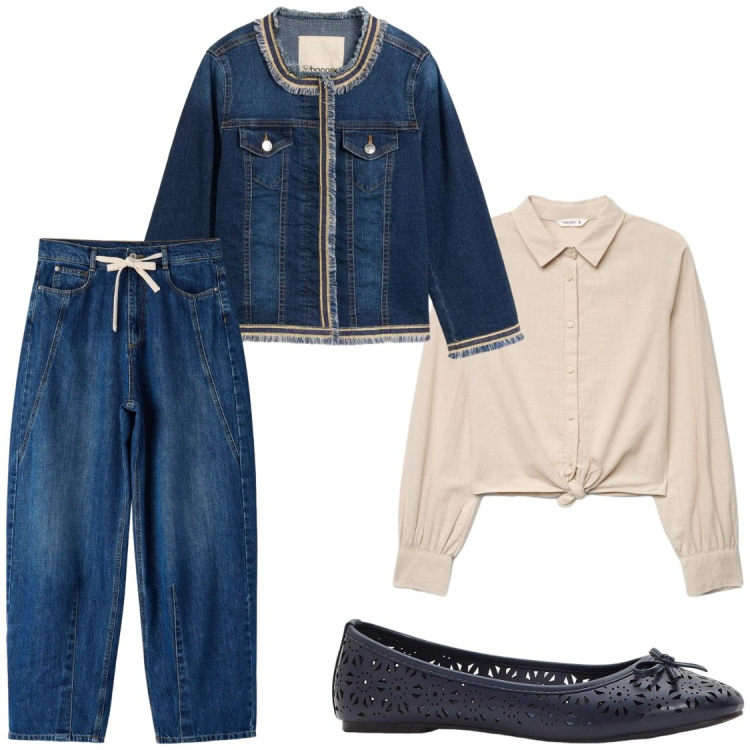 Outfit donna - I jeans con laccio. Stile Casual chic per Tutti i giorni. Abbinamento con ballerine, blazer, jeans, camicie.