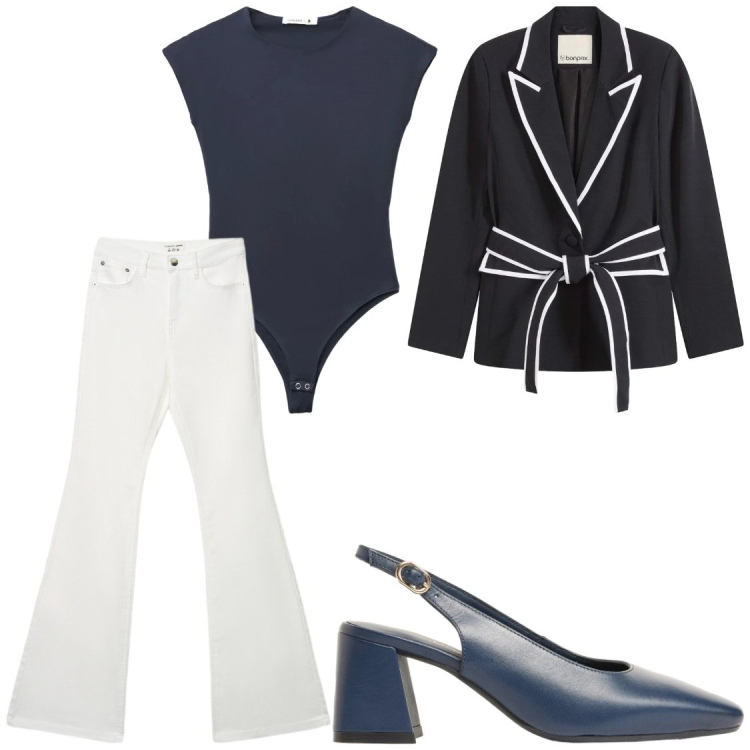 Outfit donna - Eleganza#jeans bianchi. Stile Casual chic per Ufficio. Abbinamento con décolleté, blazer, jeans a zampa, top.