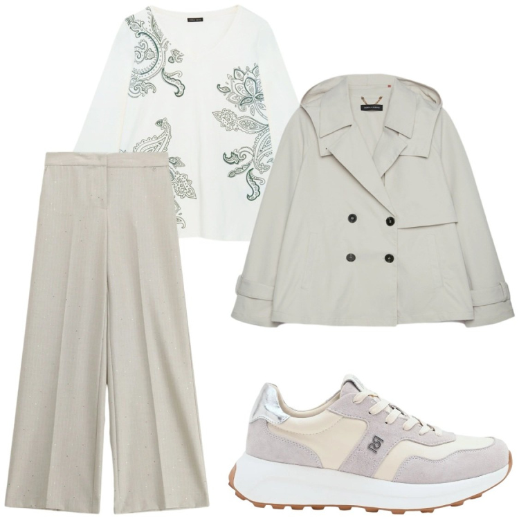 Outfit donna - Il grigio beige#tortora. Stile Casual chic per Tutti i giorni. Abbinamento con pantaloni a palazzo, sneakers, trench, t-shirt.
