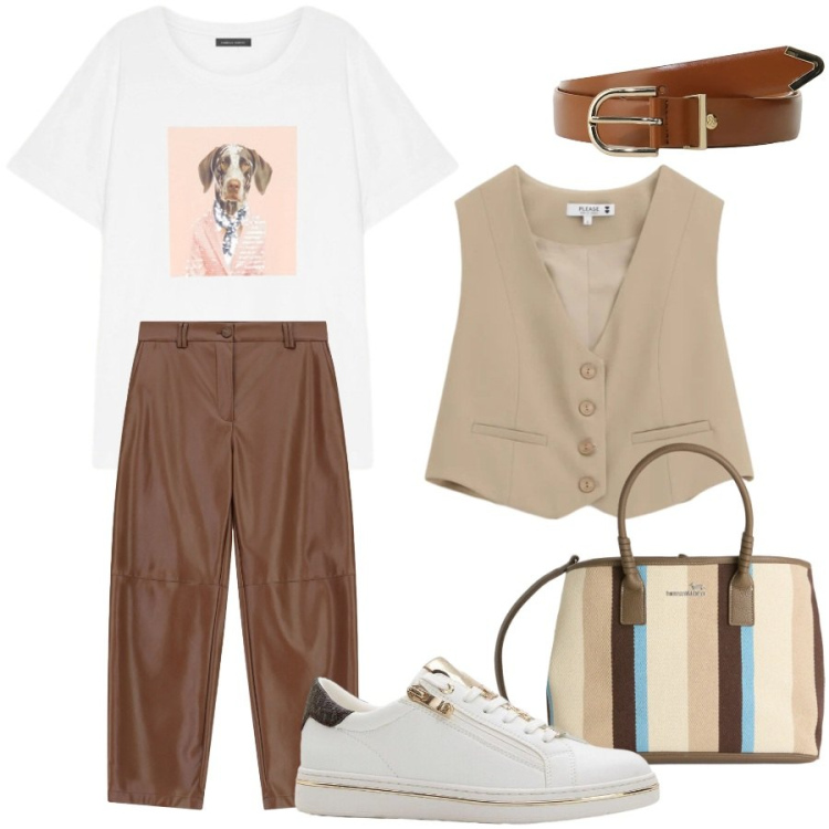 Outfit donna - A lavoro. Stile Casual chic per Ufficio. Abbinamento con sneakers, shopping bag, gilet, pantaloni, cinture, t-shirt.