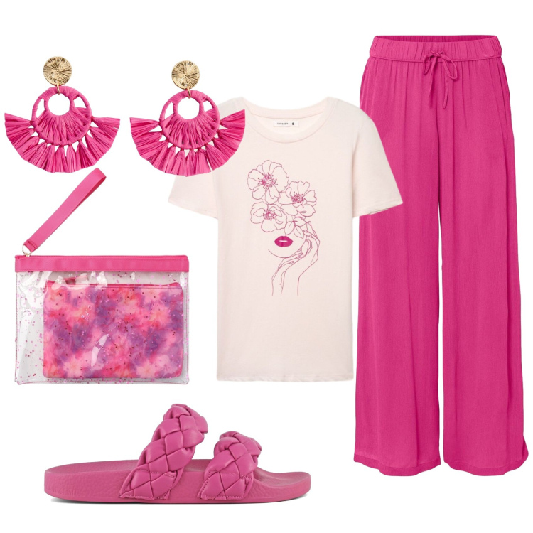 Outfit donna - Total look #2400548. Stile Basic per Mare. Abbinamento con orecchini, pantaloni, pochette, t-shirt, ciabatte.