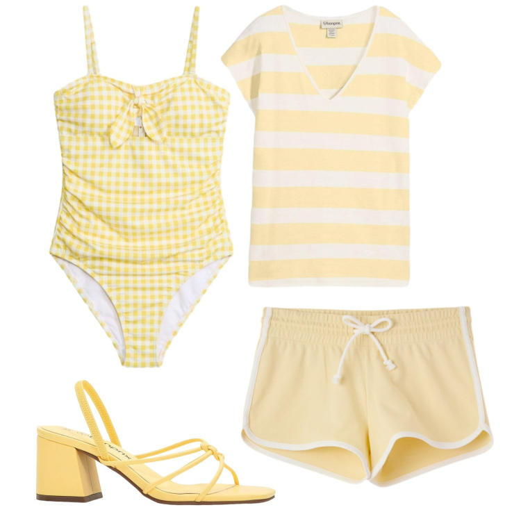 Outfit donna - Total look #2400550. Stile Basic per Mare. Abbinamento con sandali col tacco, maglieria, costumi interi, shorts.