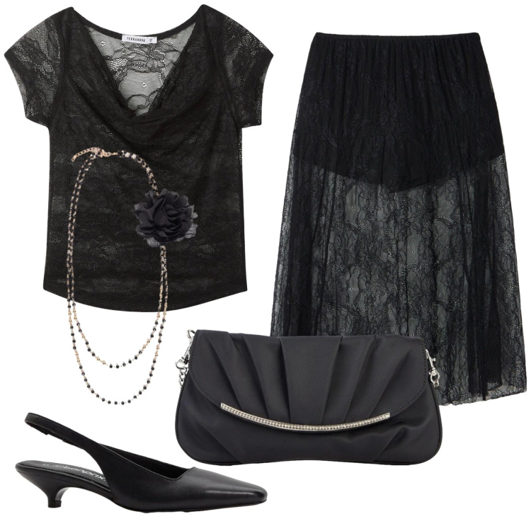 Outfit donna - Total look #2400553. Stile Romantica per Serata fuori. Abbinamento con décolleté, clutch, t-shirt, gonne longuette, collane.
