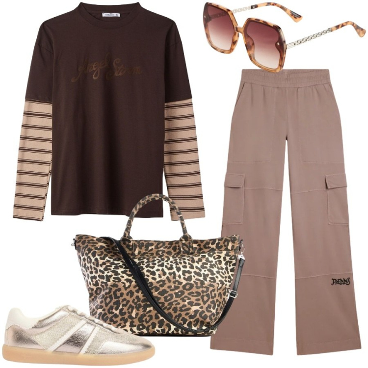 Outfit donna - Sportiva. Stile Sporty chic per Tutti i giorni. Abbinamento con occhiali da sole, shopping bag, sneakers, t-shirt, pantaloni cargo.
