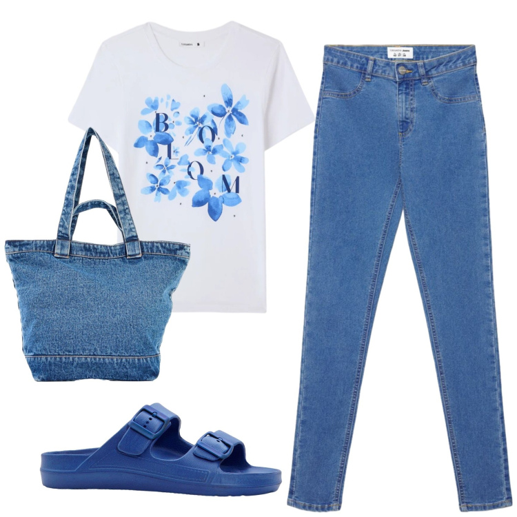 Outfit donna - Total look #2400556. Stile Casual per Tutti i giorni. Abbinamento con ciabatte, shopping bag, jeggings, t-shirt.