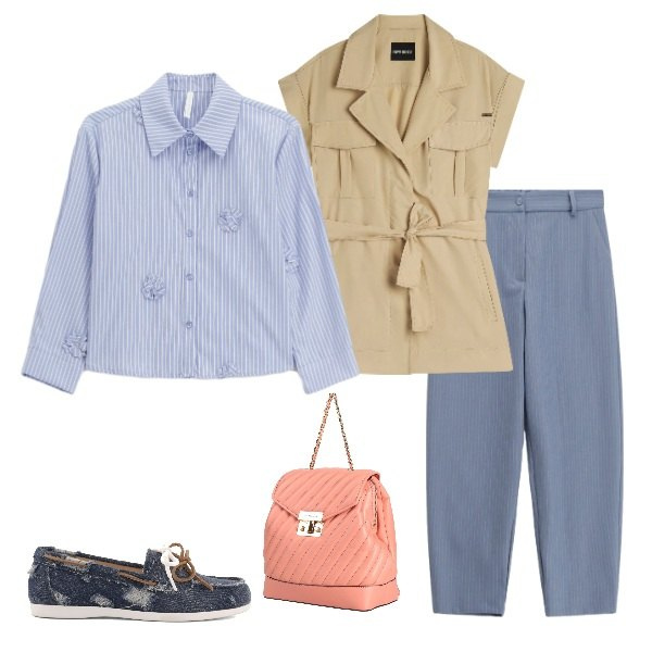 Outfit donna - Blue spring. Stile Urban per Tutti i giorni. Abbinamento con zaini, pantaloni, camicie, trench, mocassini.