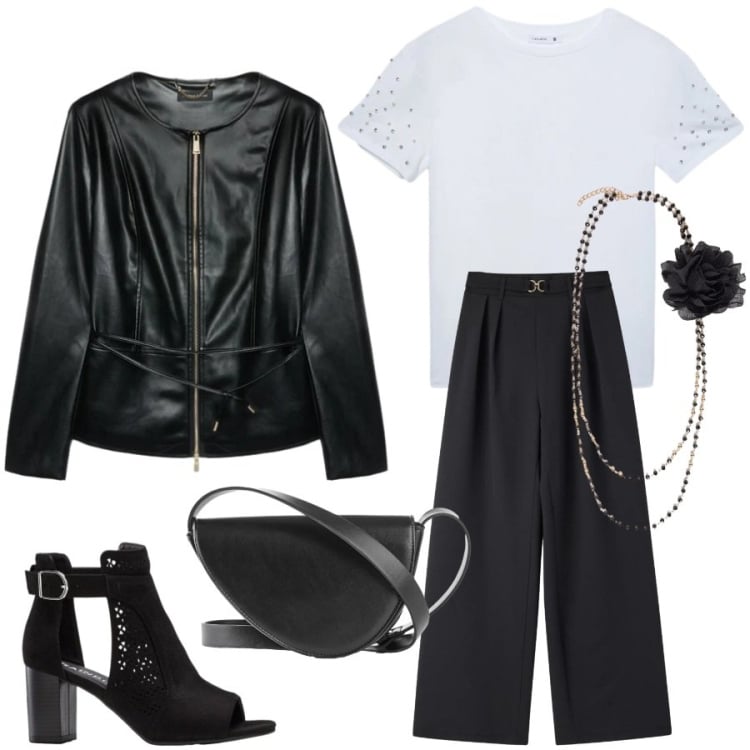 Outfit donna - Soft rock. Stile Rock per Serata fuori. Abbinamento con sandali col tacco, borse a tracolla, pantaloni, t-shirt, blazer, collane.