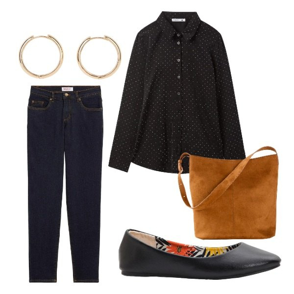 Outfit donna - Easy wow. Stile Trendy per Serata fuori. Abbinamento con ballerine, borse a mano, orecchini, jeans mom, camicie.