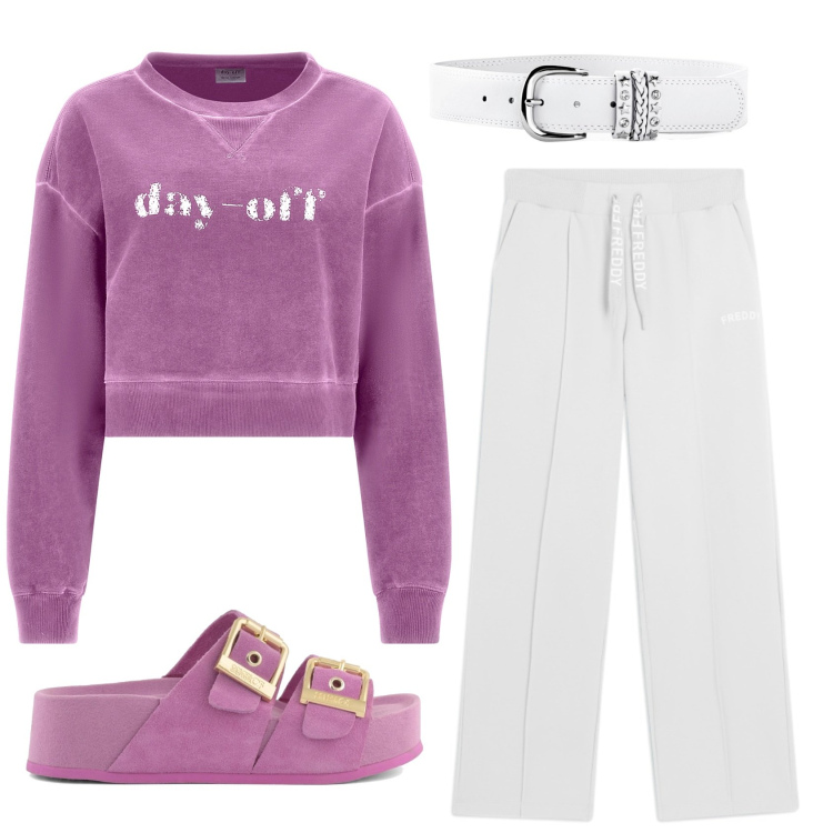 Outfit donna - Total look #2400561. Stile Casual per Tutti i giorni. Abbinamento con cinture, felpe, pantaloni, sandali in pelle.