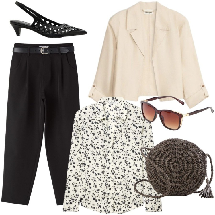 Outfit donna - Aperitivo con le amiche. Stile Casual chic per Tutti i giorni. Abbinamento con décolleté, blazer, borse a tracolla, occhiali da sole, camicie, pantaloni.