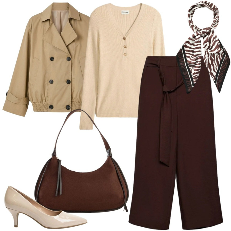 Outfit donna - A maggio con un foulard. Stile Casual chic per Ufficio. Abbinamento con décolleté, borse a tracolla, maglieria, pantaloni a palazzo, foulard, trench.