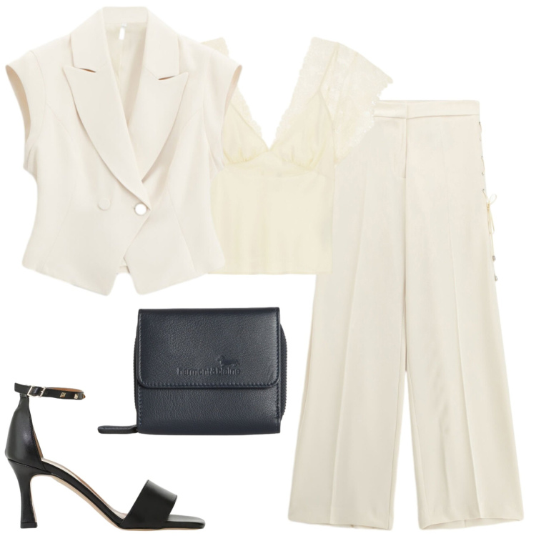 Outfit donna - Elegante. Stile Chic per Serata fuori. Abbinamento con portafogli, canottiere, gilet, pantaloni, sandali col tacco.