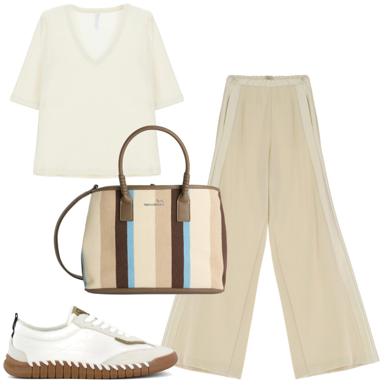 Outfit donna - Total look #2400574. Stile Casual per Tutti i giorni. Abbinamento con shopping bag, pantaloni a palazzo, t-shirt, sneakers.