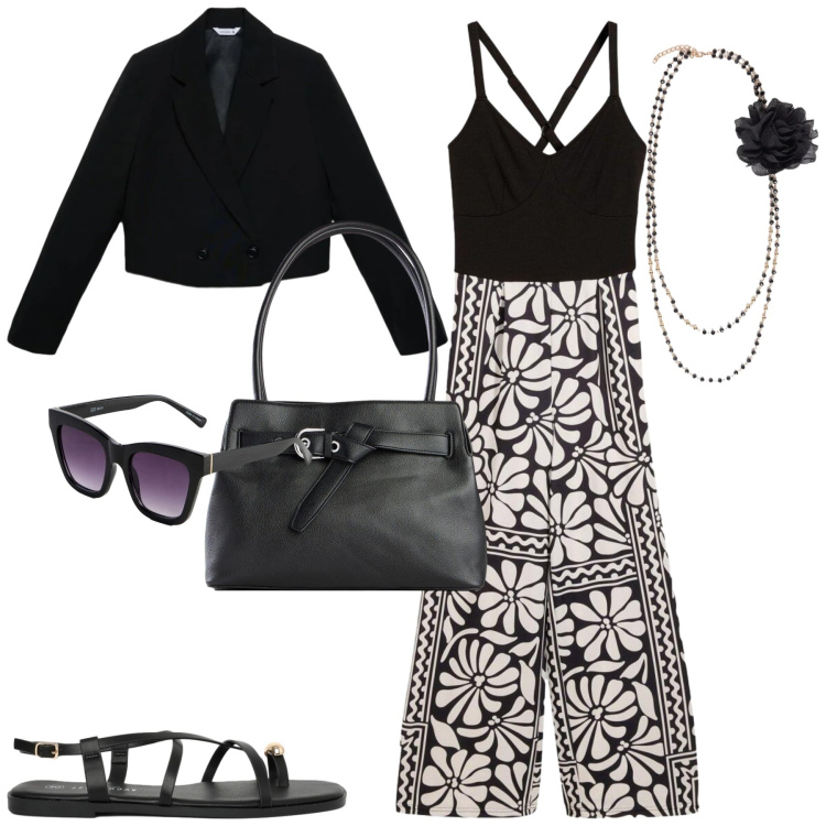 Outfit donna - Maggio. Stile Casual chic per Tutti i giorni. Abbinamento con tute, borse a mano, occhiali da sole, blazer, sandali, collane.