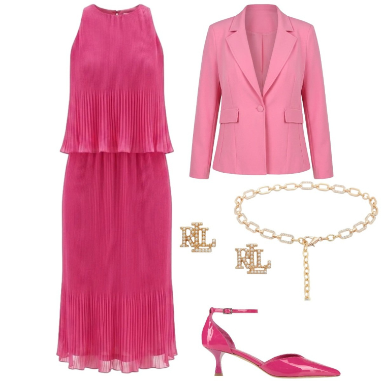 Outfit donna - L\'invitata perfetta sei tu. Stile Glamour per Cerimonia. Abbinamento con décolleté, blazer, cinture, vestiti midi/longuette, orecchini.