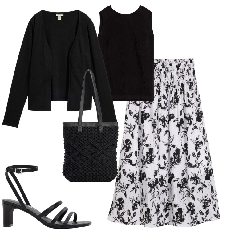 Outfit donna - City. Stile Urban per Tutti i giorni. Abbinamento con gonne longuette, cardigans, shopping bag, top, sandali col tacco.
