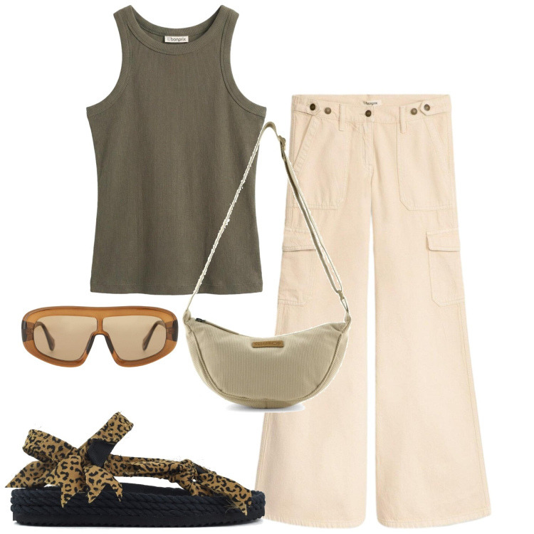 Outfit donna - Total look #2400578. Stile Casual per Tutti i giorni. Abbinamento con pantaloni cargo, canottiere, occhiali da sole, sandali, borse a tracolla.
