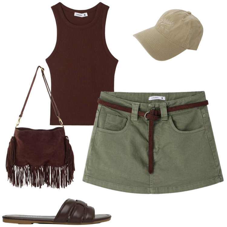 Outfit donna - Total look #2400579. Stile Casual per Tutti i giorni. Abbinamento con borse a tracolla, canottiere, minigonne, ciabatte, cappelli.