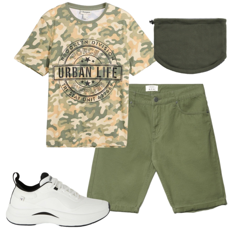 Outfit uomo - Weekend. Stile Casual per Tutti i giorni. Abbinamento con t-shirt, scaldacollo, bermuda, sneakers.