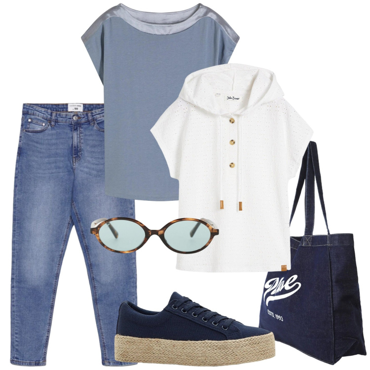 Outfit donna - Total look #2400583. Stile Basic per Tutti i giorni. Abbinamento con maglieria, bluse, sneakers, jeans skinny, shopping bag, occhiali da sole.