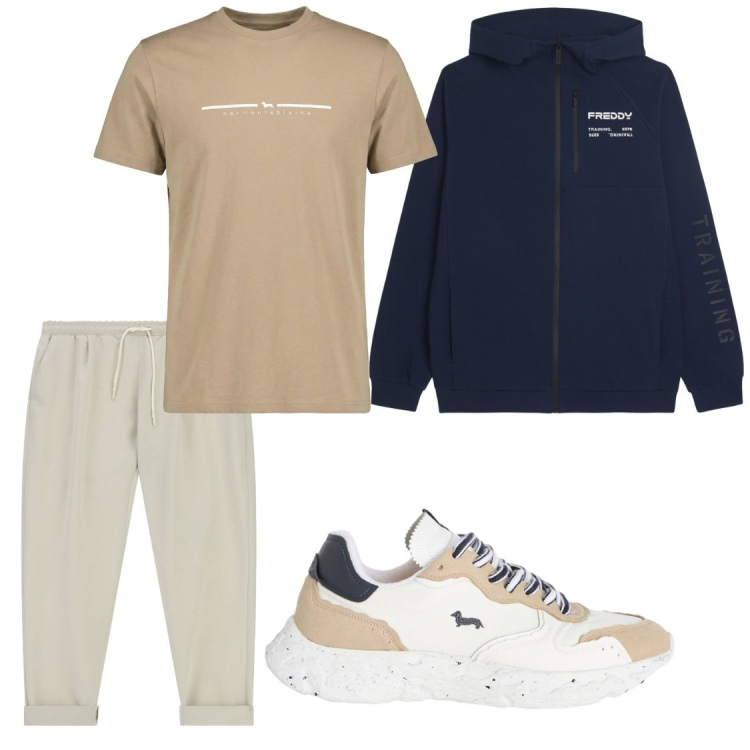 Outfit uomo - Tempo libero. Stile Casual per Tutti i giorni. Abbinamento con pantaloni sportivi, sneakers, t-shirt sportive, felpe con cappuccio.