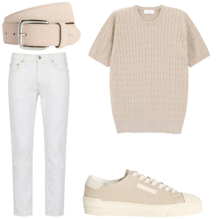 Outfit uomo - La t-shirt in filo intrecciato. Stile Trendy per Ufficio. Abbinamento con t-shirt, sneakers, jeans, cinture.