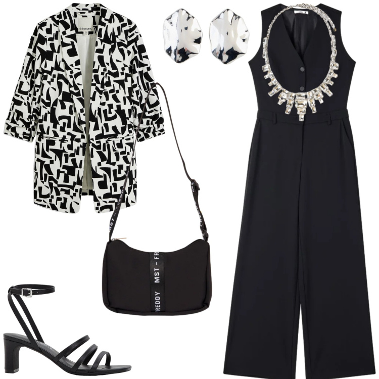 Outfit donna - Trendy in primavera. Stile Trendy per Serata fuori. Abbinamento con blazer, orecchini, sandali col tacco, tute, collane, borse a tracolla.