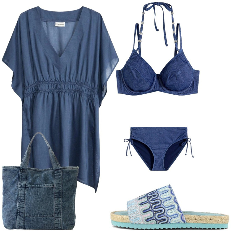 Outfit donna - Il costume in jeans. Stile Casual chic per Mare. Abbinamento con shopping bag, bikini, vestiti da spiaggia, ciabatte.