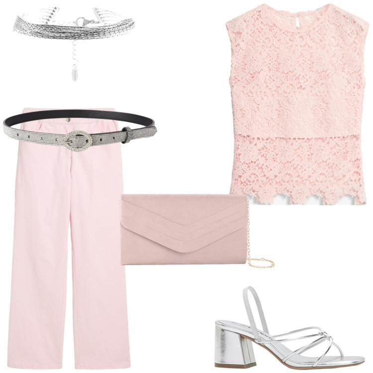 Outfit donna - L\'outfit per una cerimonia. Stile Glamour per Cerimonia. Abbinamento con pochette, sandali col tacco, pantaloni a palazzo, canottiere, cinture, braccialetti.