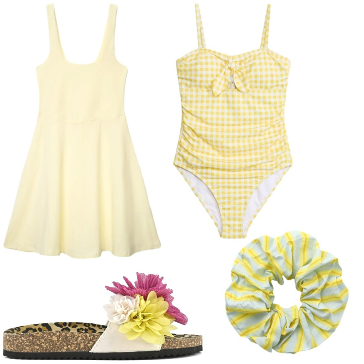 Outfit donna - Qudretti#giallo#sotto il sole. Stile Chic per Mare. Abbinamento con costumi interi, vestiti corti, accessori per capelli, ciabatte.