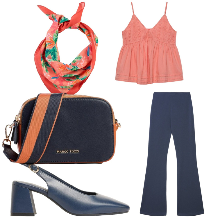 Outfit donna - Blu e pesca. Stile Boho per Tutti i giorni. Abbinamento con borse a tracolla, foulard, décolleté, pantaloni, canottiere.