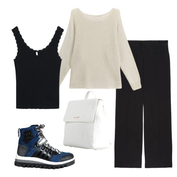 Outfit donna - Mid season. Stile Urban per Scuola/Università. Abbinamento con zaini, stivaletti, maglieria, canottiere, pantaloni.