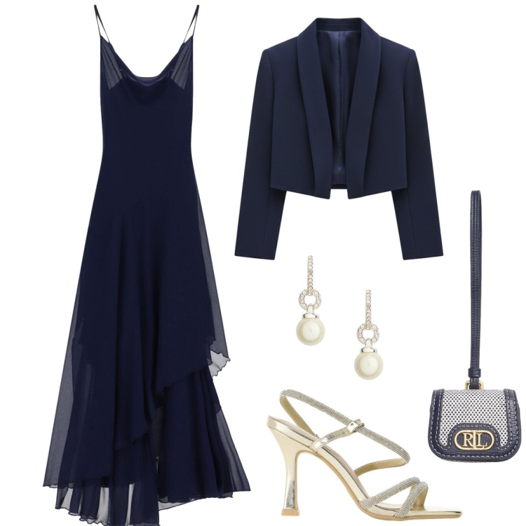 Outfit donna - Finishing Touch. Stile Chic per Cerimonia. Abbinamento con vestiti lunghi, sandali col tacco, bolero, orecchini, pochette.